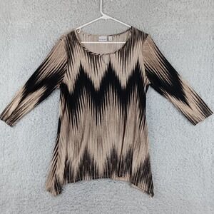 Kim Rogers Womens Medium Tan Black Ikat Chevron 3/4 Sleeve Sharkbite Tunic Top